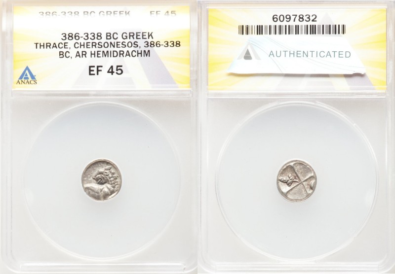 THRACE. Chersonesus. Ca. 386-338 BC. AR drachm (13mm). ANACS XF 45. Forepart of ...