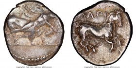 THESSALY. Larissa. Ca. 460-400 BC. AR drachm (19mm, 11h). NGC VF. Thessalus standing right, nude but for chlamys over shoulders, petasus attached to c...
