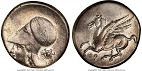 CORINTHIA. Corinth. 4th century BC. AR stater (20mm, 1h). NGC Choice VF. Pegasus flying left, Ϙ below / Head of Athena left wearing wreathed Corinthia...
