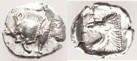 MYSIA. Cyzicus. Ca. 5th century BC. AR obol(?) (10mm, 0.59 gm, 12h). Forepart of boar left, tunny upward behind / Head of roaring lion left within squ...