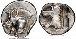 MYSIA. Cyzicus. Ca. 5th century BC. AR hemiobol (8mm, 8h). NGC Choice XF. Forepart of boar left with pelleted truncation; tunny fish upward behind / H...