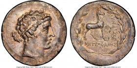 AEOLIS. Cyme. Ca. 155-145 BC. AR tetradrachm (30mm, 16.57 gm, 12h). NGC MS 4/5 - 3/5. Metrophanes, magistrate. Head of the Amazon Cyme right, her hair...