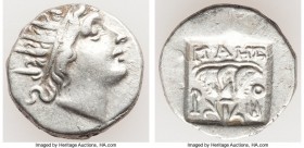 CARIAN ISLANDS. Rhodes. Ca. 88-84 BC. AR drachm (15mm, 2.29 gm, 11h). About XF. Plinthophoric standard, Maes, magistrate. Radiate head of Helios right...