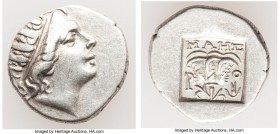 CARIAN ISLANDS. Rhodes. Ca. 88-84 BC. AR drachm (15mm, 2.63 gm, 12h). VF. Plinthophoric standard, Maes, magistrate. Radiate head of Helios right / MAH...