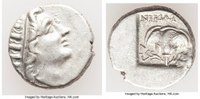 CARIAN ISLANDS. Rhodes. Ca. 88-84 BC. AR drachm (14mm, 2.62 gm, 2h). About XF. Plinthophoric standard, Nicagoras, magistrate. Radiate head of Helios r...