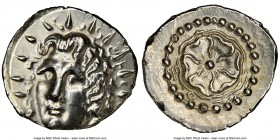 CARIAN ISLANDS. Rhodes. Ca. 84-30 BC. AR drachm (20mm, 4.10 gm, 6h). NGC MS 4/5 - 3/5, brushed. Radiate head of Helios facing, turned slightly left, h...