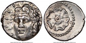 CARIAN ISLANDS. Rhodes. Ca. 84-30 BC. AR drachm (18mm, 4.07 gm, 12h). NGC Choice AU 4/5 - 2/5, scuff. Radiate head of Helios facing, turned slightly l...