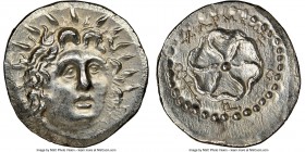 CARIAN ISLANDS. Rhodes. Ca. 84-30 BC. AR drachm (20mm, 1h). NGC AU, brushed Charmeios, magistrate. Radiate head of Helios facing, turned slightly righ...