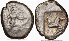 PAMPHYLIA. Aspendus. Ca. mid-5th century BC. AR stater (19mm, 10h). NGC VF. Helmeted nude hoplite advancing right, shield in left hand, spear forward ...