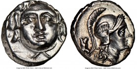 PAMPHYLIA. Aspendus. Ca. 4th century BC. AR obol (10mm, 12h). NGC AU. Head of gorgoneion facing with protruding tongue / Head of Athena right, wearing...