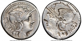 C. Aburius Geminus (ca. 134 BC). AR denarius (19mm, 12h). NGC Choice VF, brockage. Rome. GEM, head of Roma right, wearing winged helmet decorated with...