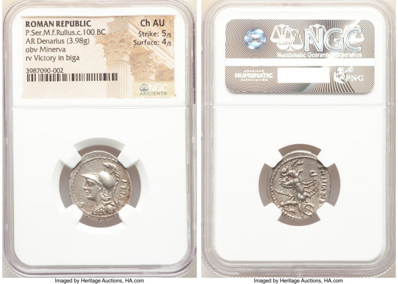 P. Servilius M.f. Rullus (100 BC). AR denarius (21mm, 3.98 gm, 9h). NGC Choice A...