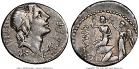 A. Postumius S.f. Albinus, L. Caecilius L.f.Q.n. Metellus Delmaticus and C. Publicius Malleolus (ca. 96 BC). AR denarius (14mm, 6h). NGC Choice VF. Ro...