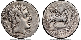 Mn. Fonteius C.f. (ca. 85 BC). AR denarius (19mm, 7h). NGC Choice VF. Rome. MN•FONTEI-C F (MN and NT ligate, not visible), laureate head of Apollo-Vej...