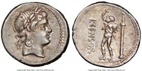 L. Marcius Censorinus (82 BC). AR denarius (18mm, 11h). NGC Choice XF. Rome. Laureate head of Apollo right / L•CENSOR, satyr Marsyas walking left, rai...