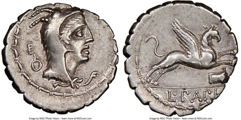 L. Papius (ca. 79 BC). AR denarius serratus. (18mm, 8h). NGC XF. Rome. Head of J...