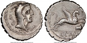 L. Papius (ca. 79 BC). AR denarius serratus. (18mm, 8h). NGC XF. Rome. Head of Juno Sospita right, clad in goat skin, tied before neck; key behind, be...