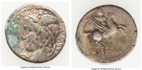 L. Cossutius C.f. Sabula (ca. 74/72 BC). AR denarius (18mm, 3.89 gm, 6h). Choice Fine. Rome. SABVLA, head of Medusa left, winged and entwined with ser...