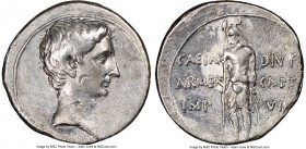 Augustus (27 BC-AD 14). AR denarius (20mm, 3.62 gm, 2h). NGC Choice VF 4/5 - 2/5, bankers marks. Pergamum, ca. 19-18 BC. AVGVSTVS, bare head of August...