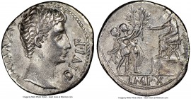 Augustus (27 BC-AD 14). AR denarius (18mm, 3.50 gm, 6h). NGC XF 5/5 - 2/5. Lugdunum, 15 BC. AVGVSTVS-DIVI•F, bare head of Augustus right / IMP•X, Augu...