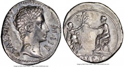 Augustus (27 BC-AD 14). AR denarius (20mm, 3.36 gm, 6h). NGC XF 4/5 - 2/5, bankers mark. Lugdunum, 15 BC. AVGVSTVS-DIVI•F, bare head of Augustus right...