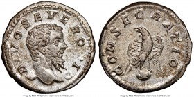 Divus Septimius Severus (AD 193-211). AR denarius (19mm, 3.87 gm, 12h). NGC AU 4/5 - 4/5. Rome, AD 211(?). DIVO SEVERO PIO, bareheaded Divus Septimius...