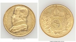 Pedro II gold 20000 Reis 1849 XF, Rio de Janeiro mint, KM461. Mintage 6,464. 30.1mm. 17.93gm. Portrait appears to have been outlined in pencil lead. A...