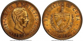Republic gold 5 Pesos 1915 AU58 NGC, Philadelphia mint, KM19. AGW 0.2419 oz. 

HID09801242017

© 2020 Heritage Auctions | All Rights Reserve