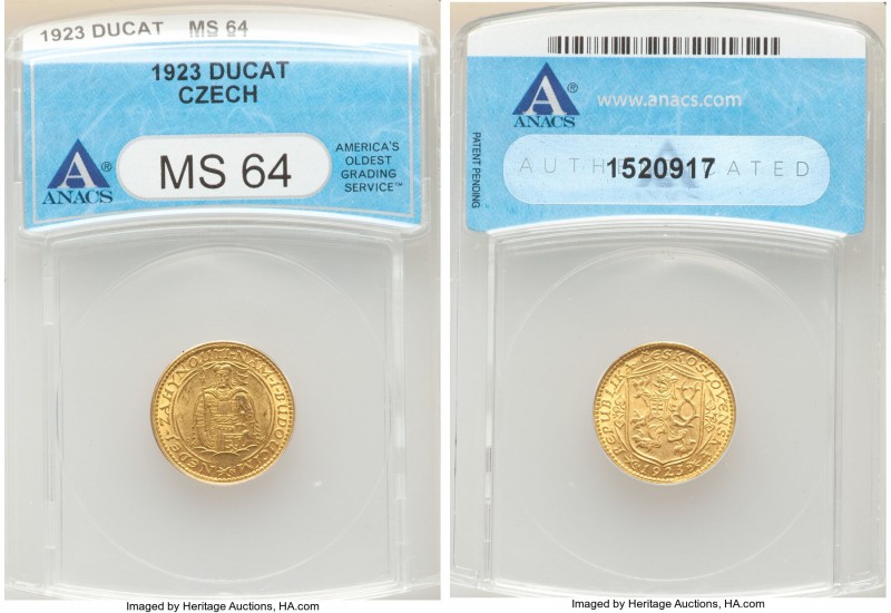Republic gold Ducat 1923 MS64 ANACS, KM8. Variety without serial numbers. 

HI...