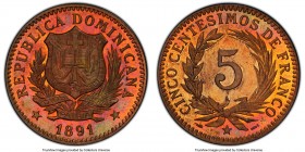 Republic Proof 5 Centesimos 1891-A PR65 Red and Brown PCGS, Paris mint, KM8. One year type. Flaming yellow-red surfaces tend to highlight the shield. ...