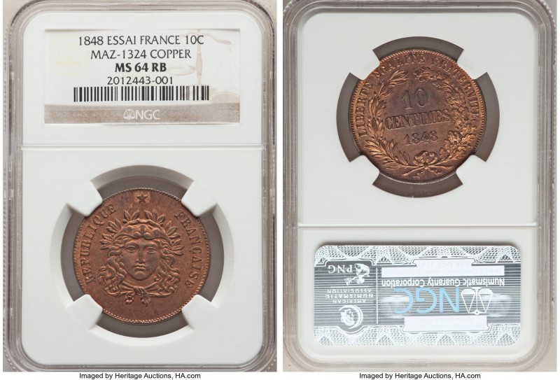 Republic copper Essai 10 Centimes 1848 MS64 Red and Brown NGC, Maz-1324. By Gayr...
