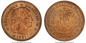 Republic Pair of Certified Assorted 2 Centimes PCGS, 1) 2 Centimes 1881 - MS64 Red and Brown, KM43 2) 2 Centimes 1886-A - MS64+ Red and Brown, Paris m...