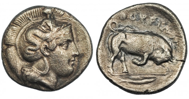 LUCANIA. Thorium. Didracma (400-350 a.C.). A/ Cabeza de Atenea a der. con casco ...