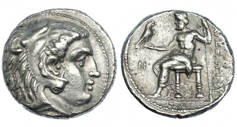 MACEDONIA. Alejandro III. Tetradracma. Sidón (321-320). R/ Delante del trono N, ...