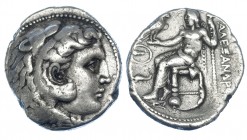 MACEDONIA. A nombre de Alejandro III. Tetradracma. Ceca incierta Siria (305-290 a.C.). R/ Delante del trono clava dentro de círculo y delfín. AR 16,88...