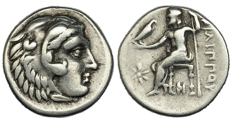 MACEDONIA. Filipo III. Dracma. Abidos (323-317 a.C.). R/ Delante del trono estre...