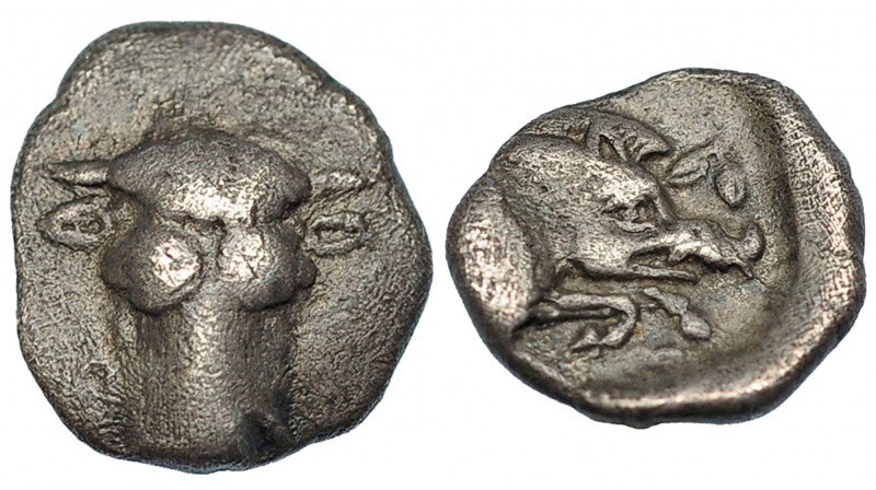 FÓCIDE. Óbolo (457-446 a.C.). A/ Cabeza frontal de toro. R/ Prótomo de jabalí a ...