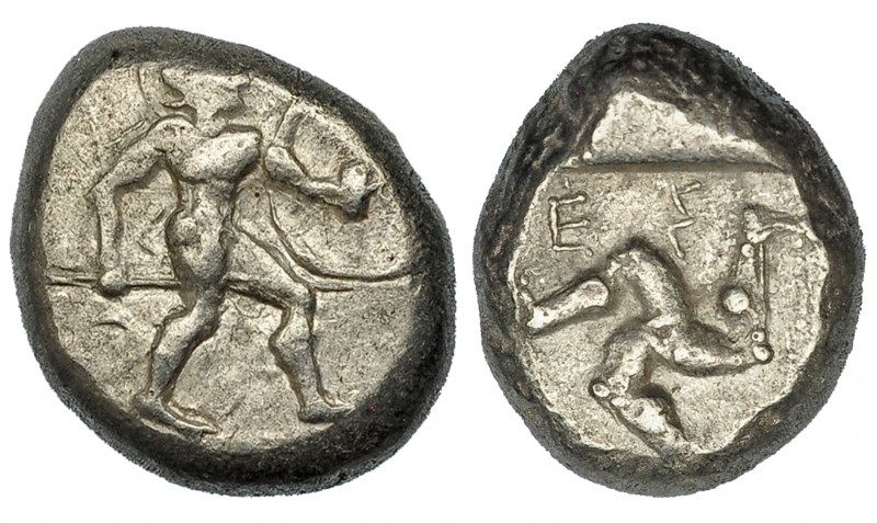 PANFILIA. Aspendo. Estátera (465-430 a.C.). A/ Guerrero avanzando a der. con esc...