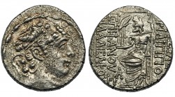 REINO SELÉUCIDA. Filipo I. Tetradracma (93-83 a.C.). R/ Zeus entronizado a izq. con Nike y cetro; bajo el trono monograma. AR 15,48 g. COP-425 vte. SB...