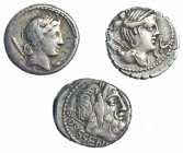 Lote 3 denarios: familias Claudia, Crepusia y Rubria. Calidad media MBC-.