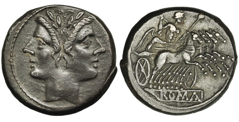 Quadrigatus (225-212 a.C.). Roma? r/ ROMA en relieve en cartela. CRAW-31/1. Páti...