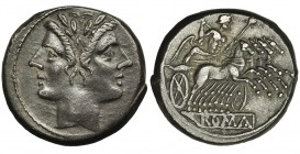 Quadrigatus (225-212 a.C.). Roma? r/ ROMA en relieve en cartela. CRAW-31/1. Pátina oscura. MBC+.