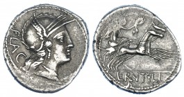 RUTILIA. Denario. Roma (77 a.C.). R/ Victoria en biga; L. RVTILI. CRAW-387.1. FFC-1095. Leves vanos. MBC.