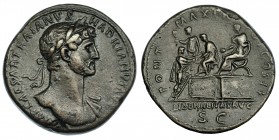 ADRIANO. Sestercio. Roma (118 d.C). A/ Cabeza laureada a der. con manto sobre el hombro izq.; IMP CAESAR TRAIANVS HADRIANVS AVG. R/ El emperador senta...