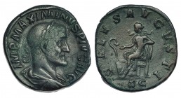 MAXIMINO I. Sestercio. Roma (235-236). R/ Salus sentada a izq. alimentando serpiente sobre un altar; SALVS AVGVSTI. RIC-64. Pátina verde oscuro. MBC-....