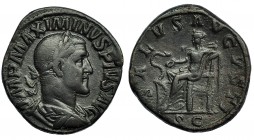 MAXIMINO I. Sestercio. Roma (235-236). R/ Salus sentada a izq. con pátera, delante serpiente sobre altar; (SALVS) AVGVSTI, S C. RIC-64. Pátina verde o...