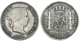 20 reales. 1858. Sevilla. VI-530. MBC. Escasa.