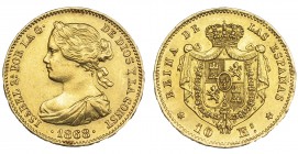 10 escudos. 1868 *18-68. Madrid. VI-668. Golpecitos en canto. Limpiada. EBC-.