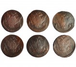 RUSIA. Lote de 6 monedas de 5 kopeks: 1760, 1761, 1770, 1771, 1772 y 1779. BC+/MBC-.