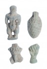 ANTIGUO EGIPTO. Imperio Nuevo y Baja Época.1390-323 a.C. Fayenza. Lote de 4 amuletos: figura de Pateco, mano, racimo de uvas y amuleto fálico. Altura ...